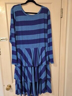 Lulatoe Grorgia Blue Striped Long Sleeve Ruffle Dress
